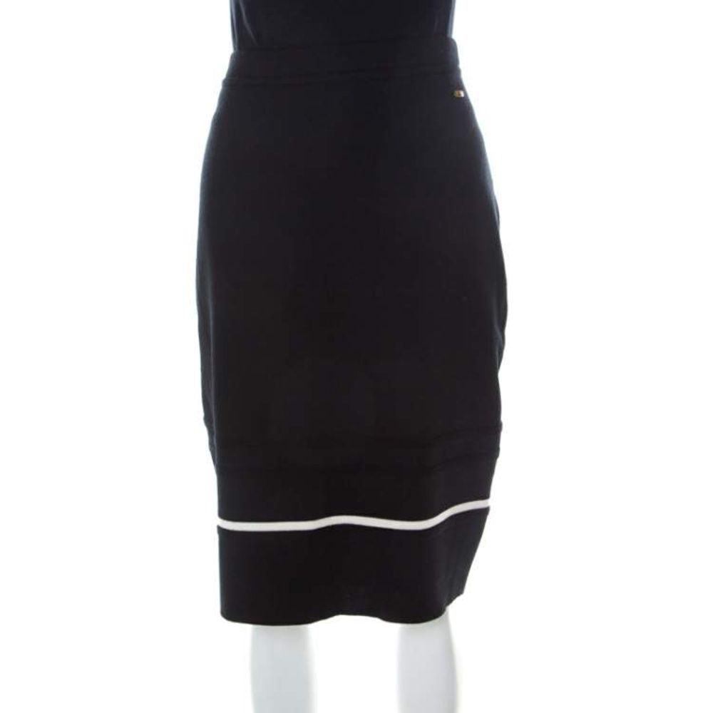 Escada Black Contrast Striped Wool Pencil Skirt Sz L
